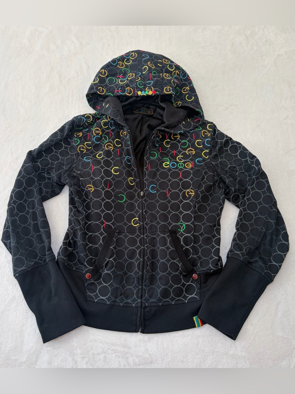 VTG Y2K COOGI Hard-to-Find Monogram Hooded Jacket Sz M Rainbow Embroidered AOP